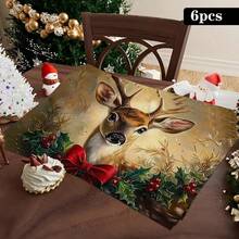 4 buc. Covorașe de masă dreptunghiulare din in, cu imprimeu de reni de Crăciun - Covorașe de masă țesute din in, pentru sufragerie, bucătărie, masă de cafea, decor pentru masă