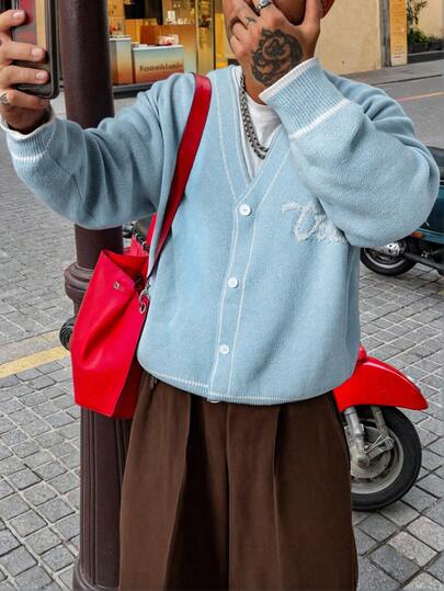 Men's V-Neck Button Striped Knit Cardigan Jacket, Casual Loose Streetwear, Suitable For Spring, Autumn, Winter