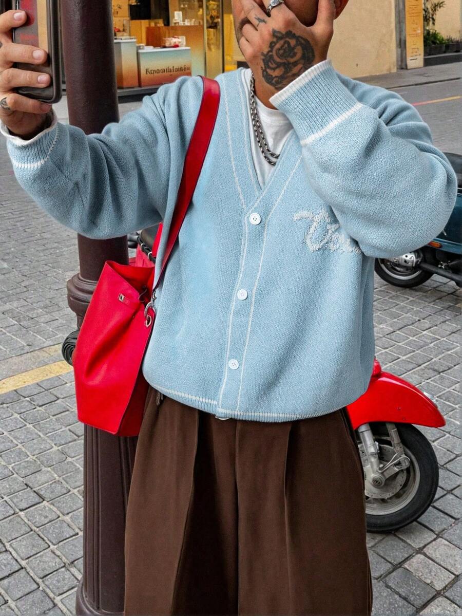 Men's V-Neck Button Striped Knit Cardigan Jacket, Casual Loose Streetwear, Suitable For Spring, Autumn, Winter