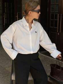 Livesso 女式秋季马图案落肩长袖单排扣休闲宽松衬衫，秋季女装 - 白色 - 查看 3