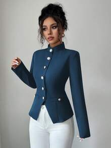 Women's Solid Color Woven Front Button Faux Pocket Casual Commuting Office Elegant Blouse, Suitable For Spring, Autumn And Winter