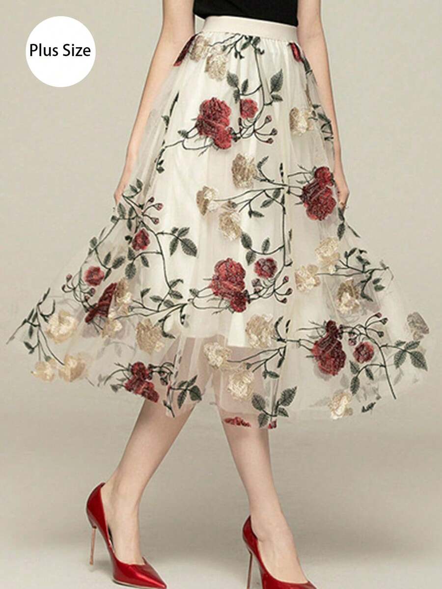 Embroidered Floral Double-Layer Mesh Skirt, Suitable For Spring & Summer, Plus Size - Beige - View 1