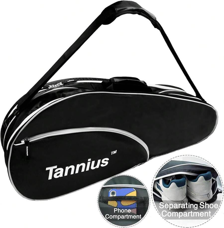 Tannius - Bolsa de raqueta de tenis (3-5 raquetas), con compartimento para zapatos y teléfono y almohadilla protectora, bolsa de raqueta súper espaciosa y ligera para tenis, bádminton