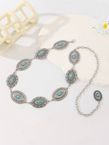 Bohemian Vintage Alloy Oval Turquoise Waist Chain, Waist Belt For Dress, Coat, Suitable For Wedding, Spring/Summer/Autumn/Winter