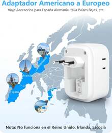 Cargador Europeo Adaptador 4 Tomas CA 2 USB 2 Tipo C Apto para Francia - Tipo J - Suiza, Ruanda, (1 Pieza) - Ver 3