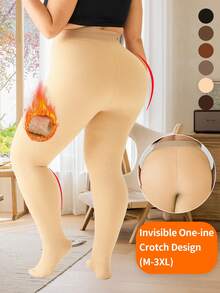 1-Piece Plus Size Women's High-Waist Fleece-Lined Fake Sheer Tight Leggings - Stretchy Non-Tight, Fits Body Curves, Butt-Lifting & Tummy-Control Base Layer, Ideal For Autumn/Winter Layering, Warm & High-Quality - 米色 - 查看 3