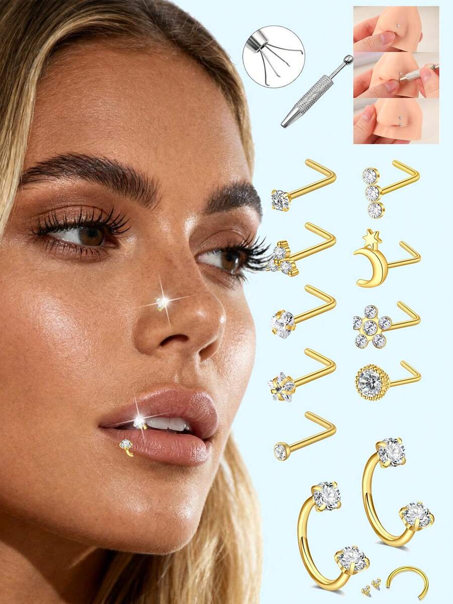 Nose Ring Studs 18G Nose Rings Hoops Stainless Steel Nose Rings Round Heart Star White CZ L Shaped Nose Stud With A Grabber Tool For Women Men Nose Piercing Jewelry Set