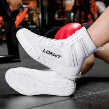 Sapatos de luta livre masculinos, sapatos de boxe de cano alto, sapatos de treino, botas de kickboxing, sapatos de muay thai, sapatos de artes marciais para fitness, sapatos esportivos profissionais masculinos de alta qualidade, confortáveis, antiderrapantes, duráveis, respiráveis, com suporte para o tornozelo e sola texturizada.