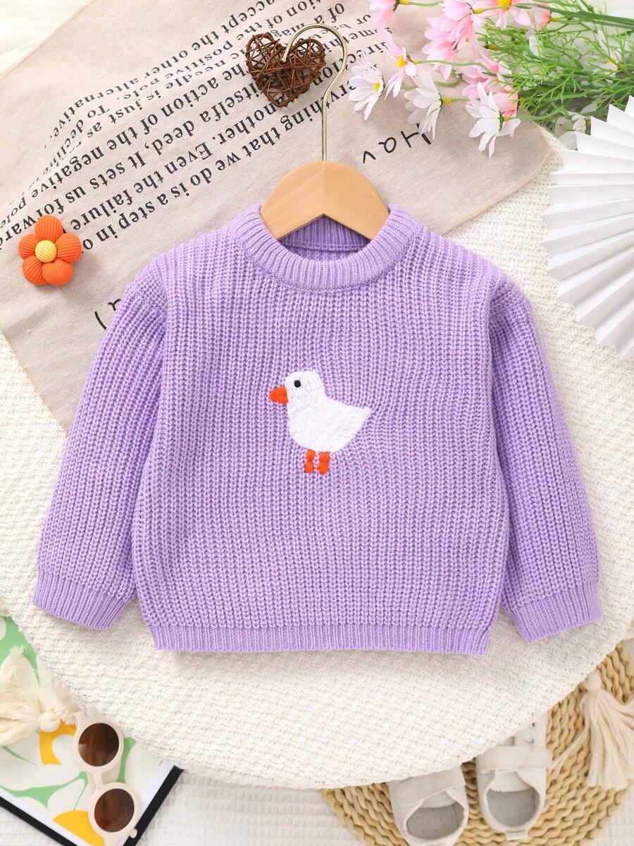 Infant Girls' Cute & Sweet Pigeon Embroidery Crew Neck Knit Sweater