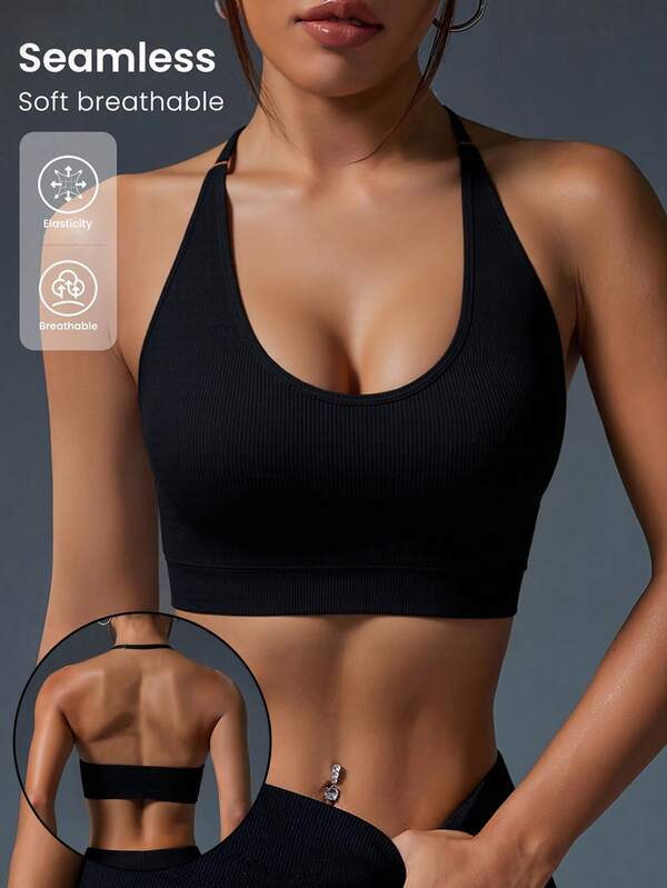 Women's Sexy Deep V Neck Wireless Bra Adjustable Halter Neck Removable Pads Breathable Comfort For Nightclub Party Date Night All Season Wear Party Accessory Sleek Design Soft Lining Workout Top