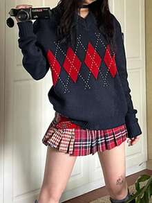 女士经典菱形针织毛衣、红蓝格子上衣，适合冬季穿着 - 藏蓝色 - 查看 2