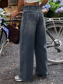 Livesso Jeans amples en denim casual avec poches et paillettes pour femmes - Jean brut - Voir 2