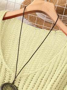 Suéter de mujer de otoño de unicolor con patchwork de encaje, transparente y calado con cuello en V - Amarillo claro - Ver 3