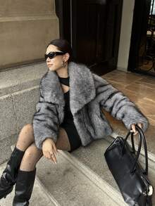 Luxurious Vintage Fashion Women's Thick Warm Jacket With Faux Fur Collar, Winter Coat, Soft Plush Fur - Grey - View 3