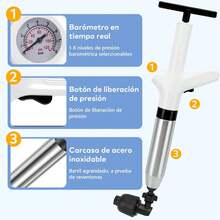 Destapacaños, Destapador de Inodoro 8 In 1, Destapa Caños Wc de Alta Presión, Destapador de Drenaje de Acero Inoxidable con Barómetro Visual, Bomba Destapacaños Wc de Baño, Cocina y Bañera(Blanco) - 1 - Ver 2