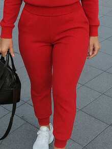 Conjunto de pants  Sudadera y pantalón  Felpa suave  Cuello redondo Estilo cómodo  Conjunto deportivo - Rojo - Ver 4