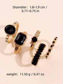 5 件套时尚精致奢华高端百搭休闲优雅水钻黑宝石金合金戒指，适合作为送给女朋友的礼物，结婚订婚戒指 - 彩色 - 查看 9