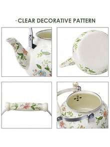 Enamel Teapot Floral, Large Porcelain Enameled Teakettle, Colorful Tea Kettle Pot Stovetop, Small Retro Classic Design Style01 Growing - Style01 Growth - View 3