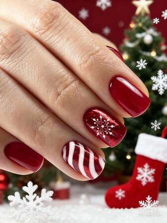 24Pcs Christmas Press On Nails Short Square Press On Nails Winter White Snowflakes Decoration Red White Stripes Design Christmas Style Surface Glossy Detachable Full Cover Fake Nails For Women Girls Daily Wear Or Used At Christmas Parties