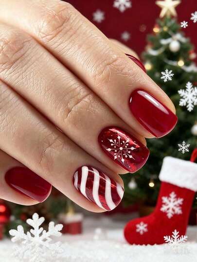 24 件圣诞按压指甲短方形按压指甲冬季白色雪花装饰红白条纹设计圣诞风格表面光泽可拆卸全覆盖假指甲适合女士女孩日常佩戴或用于圣诞派对