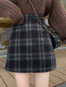 女士时尚撞色格纹高腰紧身半身裙 - 黑色 - 查看 5