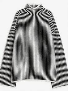 Plus Size Turtleneck Long Sleeve Sweater, Autumn/Winter - Black and White - View 5