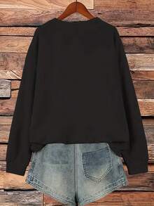 Colorful Rabbit Pattern Fleece-Lined Sweatshirt - Long Sleeve Round Neck Pullover With Drop Shoulder, Machine Washable Winter Workout Top For Gym Running Training & Casual Wear, Soft Texture Apparelgifts For Mom-Free Shipping - Black - View 2