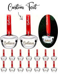 定制圣诞雪橇铃铛配红丝带，“相信”圣诞铃铛装饰配红丝带，可定制姓名/祝福，3.8 厘米迷你金属铃铛，适用于圣诞树、婚礼和派对装饰，圣诞装饰 - 彩色 - 查看 3