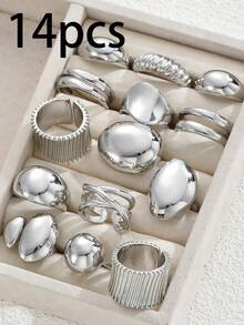 14pcs/3pcs Fashionable, Elegant, Delicate Vintage Design Asymmetrical Liquid Geometric Exaggerated Chunky Rings Set, Suitable For Holiday, Party, Date, Gift, Daily Wear