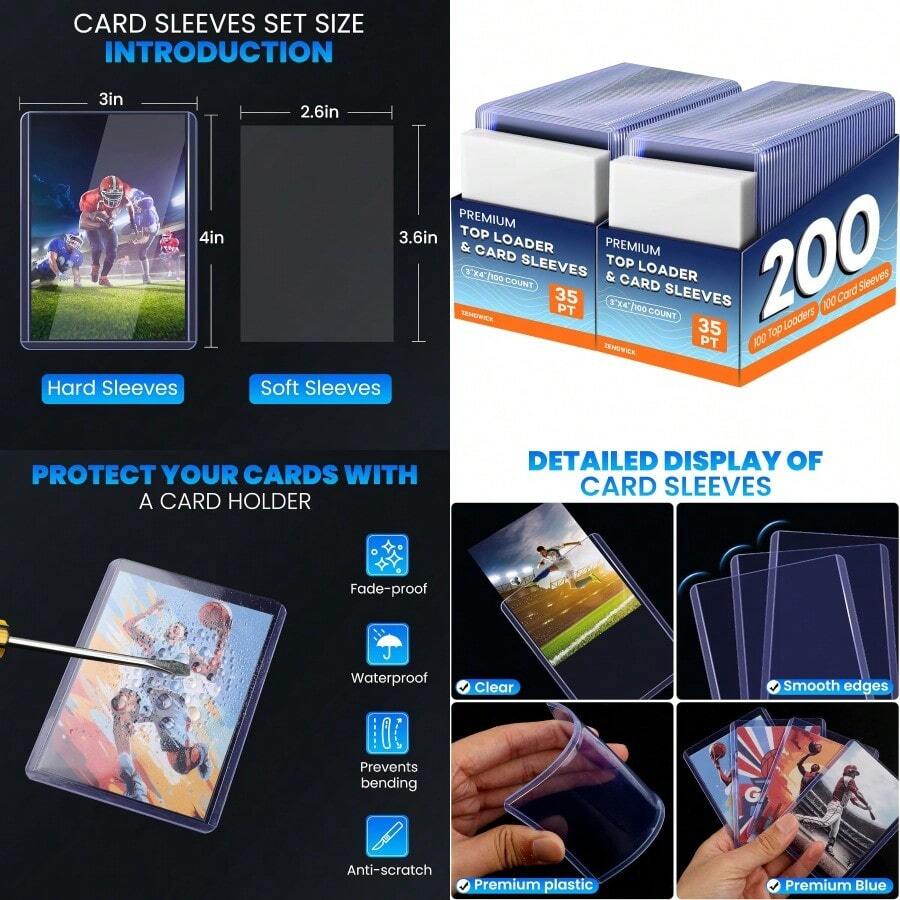 YC 200 Card Sleeves Top Loaders For Cards 3" X 4" Hard Plastic Toploaders Baseball Card Protectors Trading Card Holder For Football Sports Cards 100 Toploaders + 100 Penny Sleeves Fashion - Clear - View 1