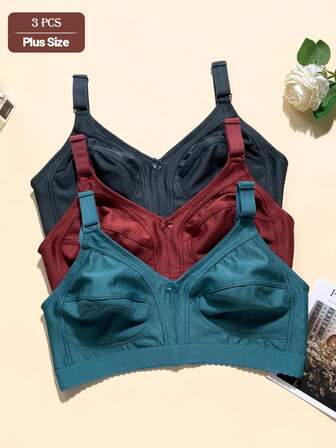 3枚セット フローラル柄 カジュアル - 快適なミニマリストカジュアル - アスレチックカジュアル - レギュラーカジュアル ニット素材 バンド付きプラスサイズブラジャー(女性用)
