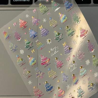 [DIY Christmas Tree Stickers] Colorful DIY Christmas Tree Stickers,Christmas Nail Art Stickers 5D Embossed Colorful Xmas Tree Nail Decals With Gold Pearl Xmas Tree Snowflake Star Design Christmas Nail Art Supplies Manicure Sliders For Women DIY Nail Decorations