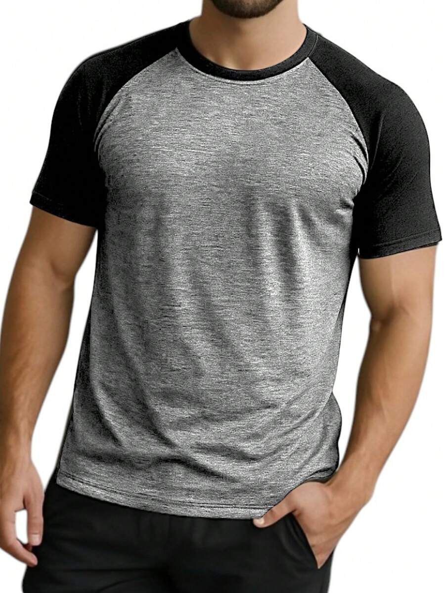 Men's Raglan Dry Fit Gym Fitness Two-Color Workout T-Shirt - Hỗn hợp xám/đen - Xem 1