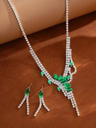 Luxury Copper Rhinestone Necklace And Earrings Set, Bridal Wedding Jewelry, Green Teardrop Full Diamond Design Fashion Evening Dress Accessories 2 Pieces Set
