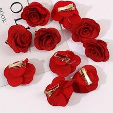 10pcs/6pcs Romantic Red & White Fabric Rose Camellia Hair Clips, Valentine's Day Party Wedding Headpiece, Hair Accessories, New Year Glamour