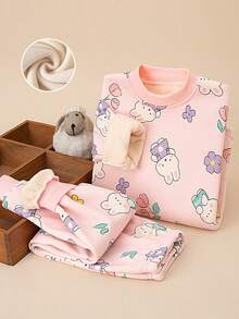 2pcs Girls Thickened Warm Underwear Set, Cartoon Floral Rabbit Print, Thermal Lined Pajamas For Autumn/Winter - Pink - View 12