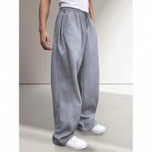 Men's Baggy Sweatpants Wide Leg With Elastic Drawstring Waist, Casual Loose Lounge Joggers With Deep Pockets Fleece Comfort{"Color_name":"Grey","Size_name":"Large"} - 灰色 - 查看 4