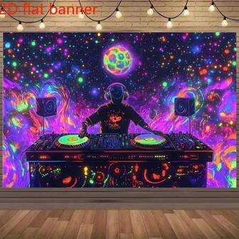 2D 平面横幅充满活力的霓虹灯 DJ 派对背景 - 耐用聚酯纤维，具有荧光效果的紫外线反应迪斯科和夜总会装饰 - 非常适合生日、庆典、酒吧派对和主题活动 - 音乐爱好者和派对爱好者的理想礼物，迪斯科派对用品