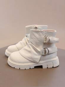 儿童新款靴子，秋冬侧拉链厚底靴，真皮鞋面女童踝靴，中筒厚底休闲鞋，防滑女童公主款中筒靴，校园学生机车靴 - 米色 - 查看 1