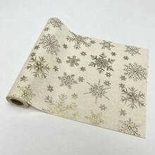 1 pieza Camino de mesa rectangular de 270cm*28cm de algodón con estampado de ciervo y copos de nieve en lámina dorada, decoración navideña y de fiesta