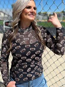 Women's  Game Day  Rugby    Mesh  Sheer    Casual    Long Sleeve  Crew Neck  Shirt  Top - 黑色 - 查看 2