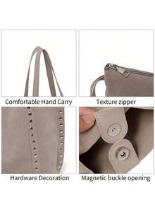 Black High Capacity Commuter Handbag, Women's Fashion Rivet Decor Shoulder Bag Unique Element Elegant Suede Design Handbag, Suitable For Dates, Daily, Shopping, Beach Vacation And Various Occasions (With Small Pouch Included) - Grey - View 4