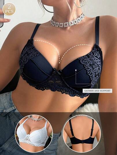 2pcs Women Lace Trim Sexy Lingerie, Casual Underwire Push Up Bra