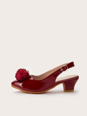 1 双女童花卉珍珠水钻 PU 皮革高跟尖头一脚蹬优雅时尚百搭派对鞋，适合春季、夏季、秋季