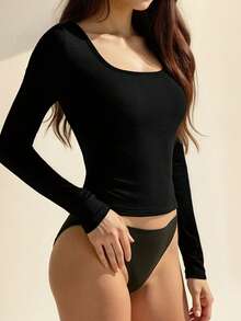 1pc Women's Solid Color Square Neck Slim Fit Long Sleeve Top, Versatile Casual Minimalist T-Shirt, Soft & Comfortable For Autumn/Winter Layering