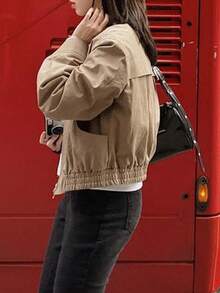 Chaqueta exterior de mujer estilo coreano de unicolor con solapa y cremallera, Nora Noon