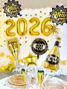 Zestaw 11 balonów dekoracyjnych na imprezę noworoczną 2026, zawiera złote balony z cyframi "2026", czarno-złote balony z liśćmi, złote balony z gwiazdkami, butelkę szampana noworocznego, kieliszek do szampana, balony "Wesołego Nowego Roku" przez cały rok, odpowiednie na imprezę noworoczną 2026, czarno-złota dekoracja na imprezę tematyczną, rekwizyty do fotografii noworocznej 2026, koktajlowe, urodzinowe, ślubne, rocznicowe