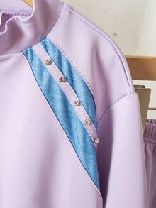 مجموعة من قطعتين، هوديي بسحاب وكتل لوني + بنطلون بكتل لوني، ملابس رياضية وكاجوال للبنات، مناسبة للأنشطة الخارجية والاستخدام اليومي - الأرجواني - مشاهدة 4