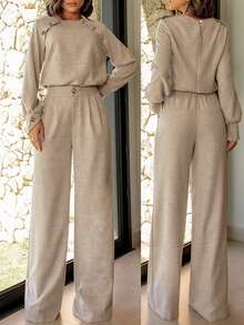 ANCHOSE Damen Business-Casual Set mit Schulterriemen, Knopfdekor Langarmoberteil und weiter Hose, Herbst