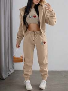 2025 New Women's Heart-Shaped Print Plush Sports Casual Three-Piece Suit, Long-Sleeved Hooded Jacket And Vest And Slim-Fitting Leggings, Machine Washable, Suitable For Wearing Out In Autumn And Winter - 卡其色 - 查看 5